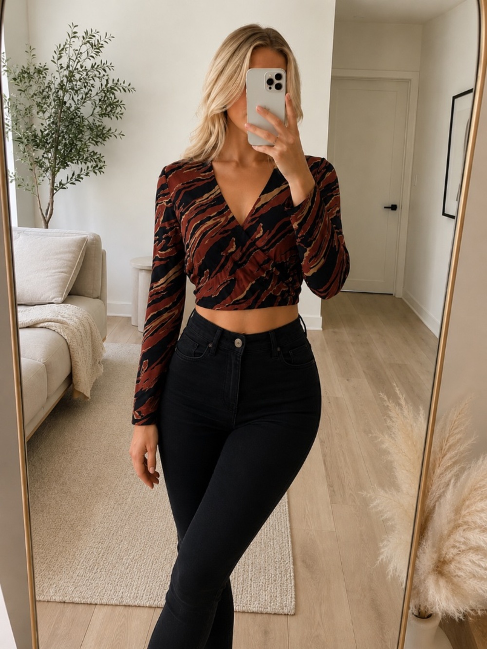 BP Black Brown Abstract Surplice Crop Blouse XS NWT